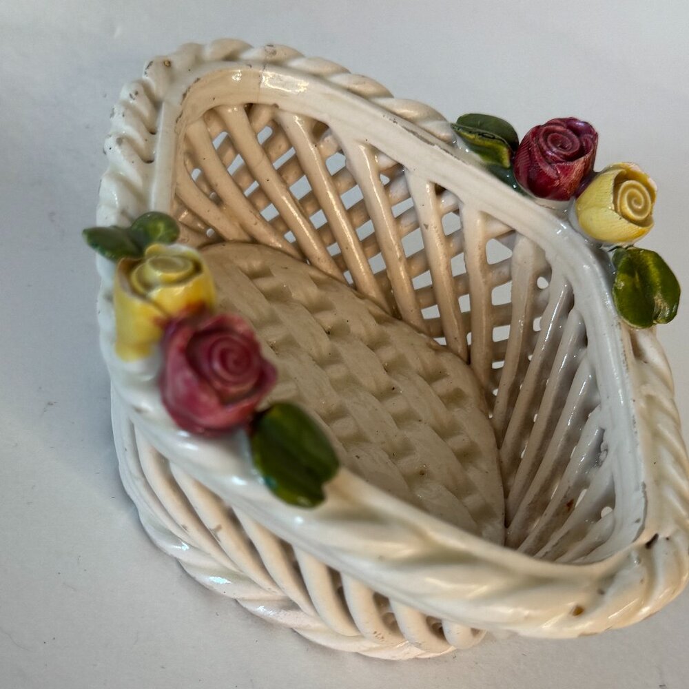 Vintage Porcelain Wicker Basket Rose Flowers Hand Painted